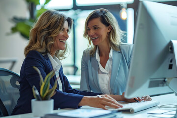 Wall Mural - Two professional Caucasian women collaborating effectively at a computer in a modern office environment