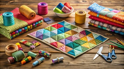 Colorful quilt kit with fabric squares, threads, and sewing tools spread out on a wooden table, awaiting creation of a cozy handmade blanket.