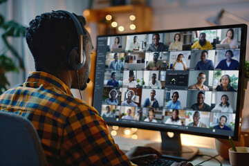 Man watching broadcasting media on computer monitor surrounded by clothing containers. Multiple faces on screen. Grey and black color scheme on wall and screen.