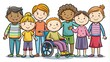 © Achiraya - Colorful stick figure illustration highlighting inclusion and diversity, featuring a child with special needs being supported and cared for by a group of friends.