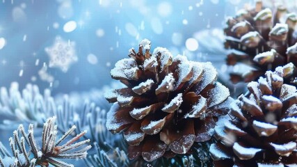 Wall Mural - Christmas pine cone on snow with blurred lights in the background, ethereal and dreamy festive winter atmosphere. Web banner with copy space