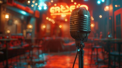 Retro Vintage Microphone on Stage Illuminated by Spotlight for Concert or Performance