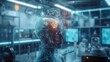 © kinara art design - A futuristic humanoid robot profile with a glowing orange brain and blue wireframe interface in a high-tech laboratory.