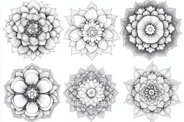 Set of six hand-drawn mandala flowers in black and white.