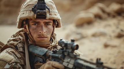 Commando soldier in desert uniform holding his rifle,