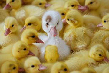 One different duckling among a group of yellow ducklings	
