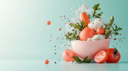 Whimsical 3D image of dips and vegetables on artistic background, exaggerated colors, playful lighting.