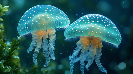 Wall Mural - illustration of two colorful baby jellyfish in the sea