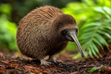 A close-up of a kiwi bird in a lush green environment, showcasing its unique features and natural habitat.