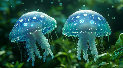 Wall Mural - illustration of two colorful baby jellyfish in the sea