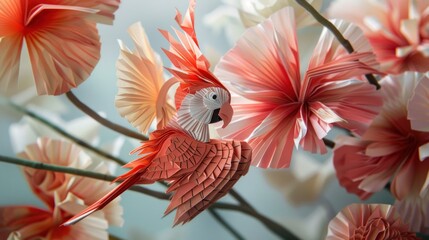 Origami parrot on a floral background. Paper craft and art concept.