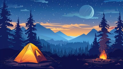 Wall Mural - Camping under the stars, featuring a tent, campfire, and a breathtaking view of the mountains at night. Perfect for adventure, nature, and travel designs.