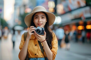 Wall Mural - Young Asian woman traveling in city holding a camera