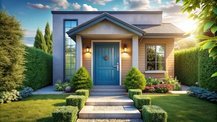 Cozy modern suburban house with a bright blue door and a stylized silver letter 