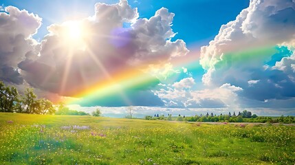 Wall Mural - rainbow over the spring field after passing the storm