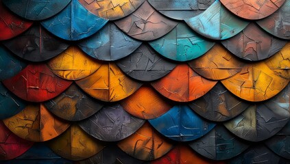 Wall Mural - Abstract background with colorful wood grain texture, layered and overlapping shapes in different shades of brown, orange, teal, and blue. 