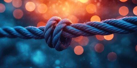 Poster - A Close-Up of a Knotted Blue Rope Against a Blurry Orange and Blue Background