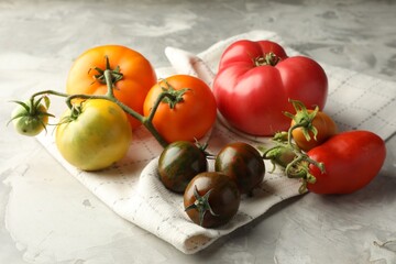 Wall Mural - Different ripe tomatoes on grey textured table