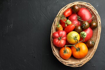 Wall Mural - Different ripe and unripe tomatoes in wicker basket on grey textured table, top view. Space for text