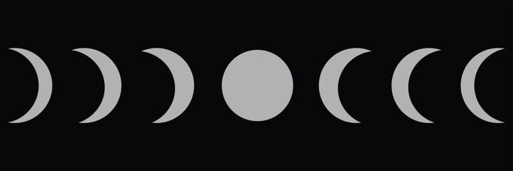 Moon phases astronomy icon silhouette symbol set. Full moon and crescent sign logo. Vector illustration. Isolated on background.