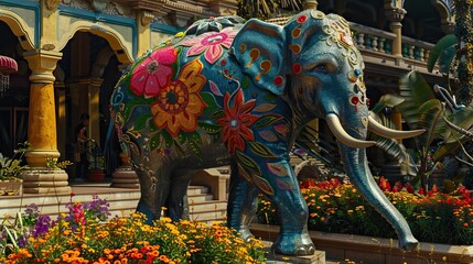 Wall Mural - Exotic elephant statue with colorful floral ornament at tourist attraction.