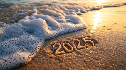 Wall Mural - The year 2025 is etched into the soft sand of a beach, while gentle waves roll in, brushing over seashells and reflecting the warm glow of sunset