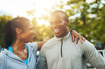 Poster - Outdoor, couple and laughing for fitness with hug on running break for workout, training and exercise. Relationship, people and happy with confidence for health, wellness and wellbeing in Atlanta