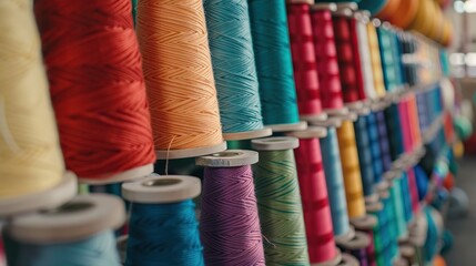 Colorful cotton yarns on spool bobbins at factory.