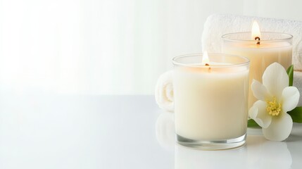 Wall Mural - Two burning candles, a white flower, and a rolled towel on a white surface.