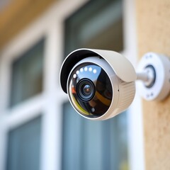 Close-up view of a modern home security camera monitoring vigilantly, showing details of advanced technology and vigilance around the area