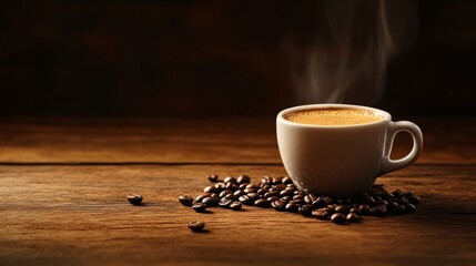 The warm aroma of freshly brewed coffee fills the air as a steaming cup rests on a rustic wooden table, surrounded by scattered coffee beans that enhance the inviting atmosphere