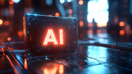 Glowing AI sign on futuristic tech background.