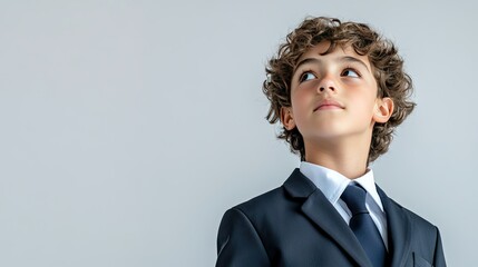 A confident middle schooler in uniform, standing on a plain white backdrop with ample room for text.