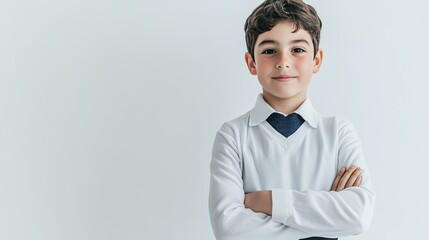 A confident middle schooler in uniform, standing on a plain white backdrop with ample room for text.