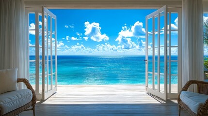 The wide-angle view captures a stunning seascape from a luxury resort room, with open doors framing the vibrant blue ocean and fluffy white clouds above