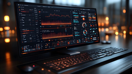 A desktop computer with a monitor displaying a futuristic user interface with graphs, charts, and data.