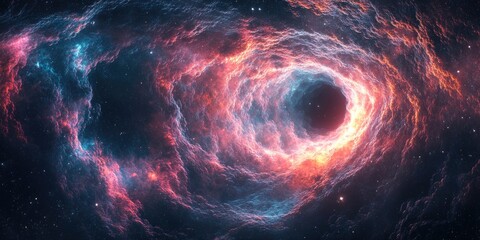 Poster - A Cosmic Vortex of Glowing Red and Blue Nebulae Surrounding a Black Hole