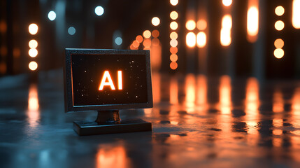 A small monitor with the letters AI lit up in orange, against a dark background with blurry lights.