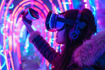Leinwandbilder - woman wearing virtual reality headset in neon room, Futuristic cityscape with neon lights and holograms