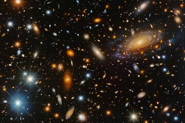 Aufkleber - cluster of galaxies in the sky, celestial sky filled with swirling galaxies and twinkling stars