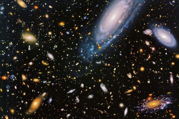 Aufkleber - cluster of galaxies in the sky, celestial sky filled with swirling galaxies and twinkling stars