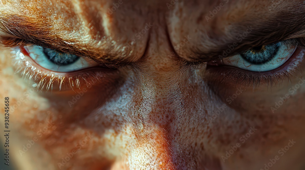 close-up of a persons face with a deeply furrowed brow, eyes glaring ...