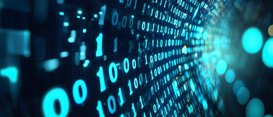 Abstract blue binary code with bokeh effect.