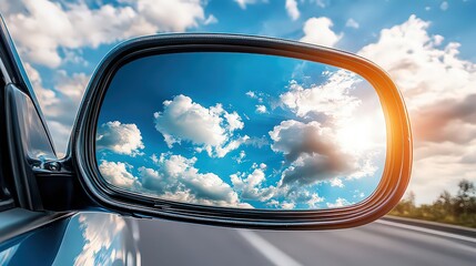 side mirror reflecting a vibrant blue sky dotted with fluffy clouds, juxtaposed against the cars polished metal frame