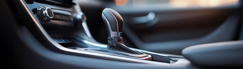 Close-up view of a car interior focusing on the gear shift, showcasing modern design and sleek materials for an elegant look.