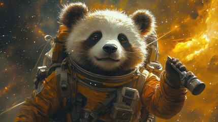Wall Mural - anthropomorphic panda in astronaut suit wideeyed expression of awe floating in space with cosmic background vibrant yellow nebula stars twinkling