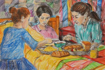 Fototapete - drawing of three women sitting at table, colorful drawing of mother receiving breakfast in bed from her children illustration