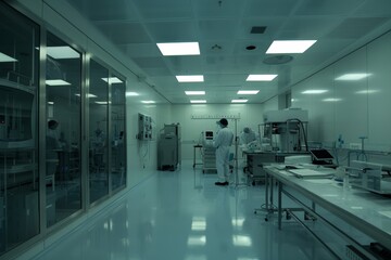 Poster - long hallway with bunch of cabinets and blue light, cool, sterile environment filled with the steady hum of technology