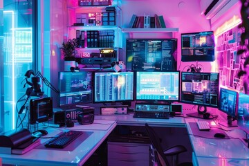 Poster - room with desk, computer, and window, cyberpunk office space with virtual desktops and augmented reality workstations
