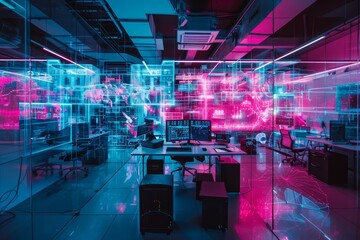 Poster - room with desk, computer, and window, cyberpunk office space with virtual desktops and augmented reality workstations